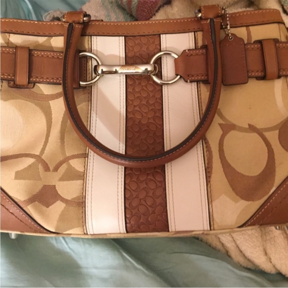 Coach Signature Brown and Cream Shoulder Bag with Leather Handle